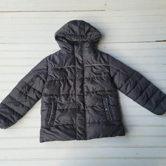 SWISS TECH Kids Puffer Jacket Boys Zip Up Hoodie Black Pockets Reflective S 6-7 - Picture 1 of 11